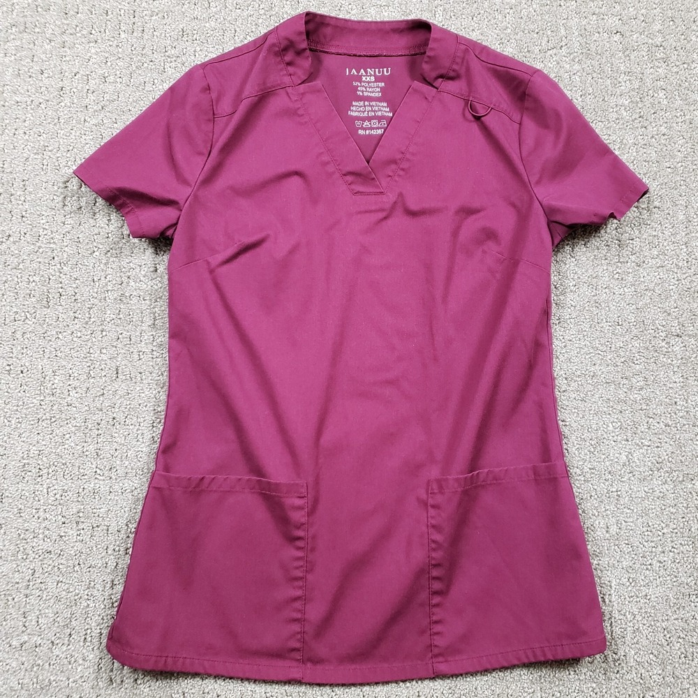 Jaanuu Scrub Top Womens XXS Red Cranberry Relaxed V-Neck J96124 Medical Uniform